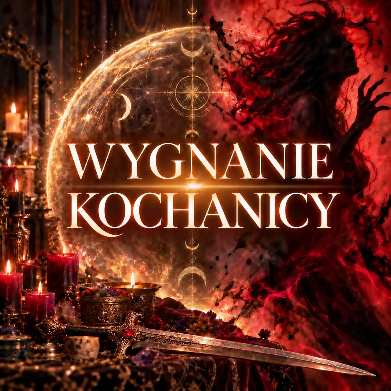 Rytuał odcięcia kochanki: ołtarz ze świecami, sztyletem i księżycową tarczą oraz napis „Wygnanie kochanicy” na tle czerwonej sylwetki kobiety